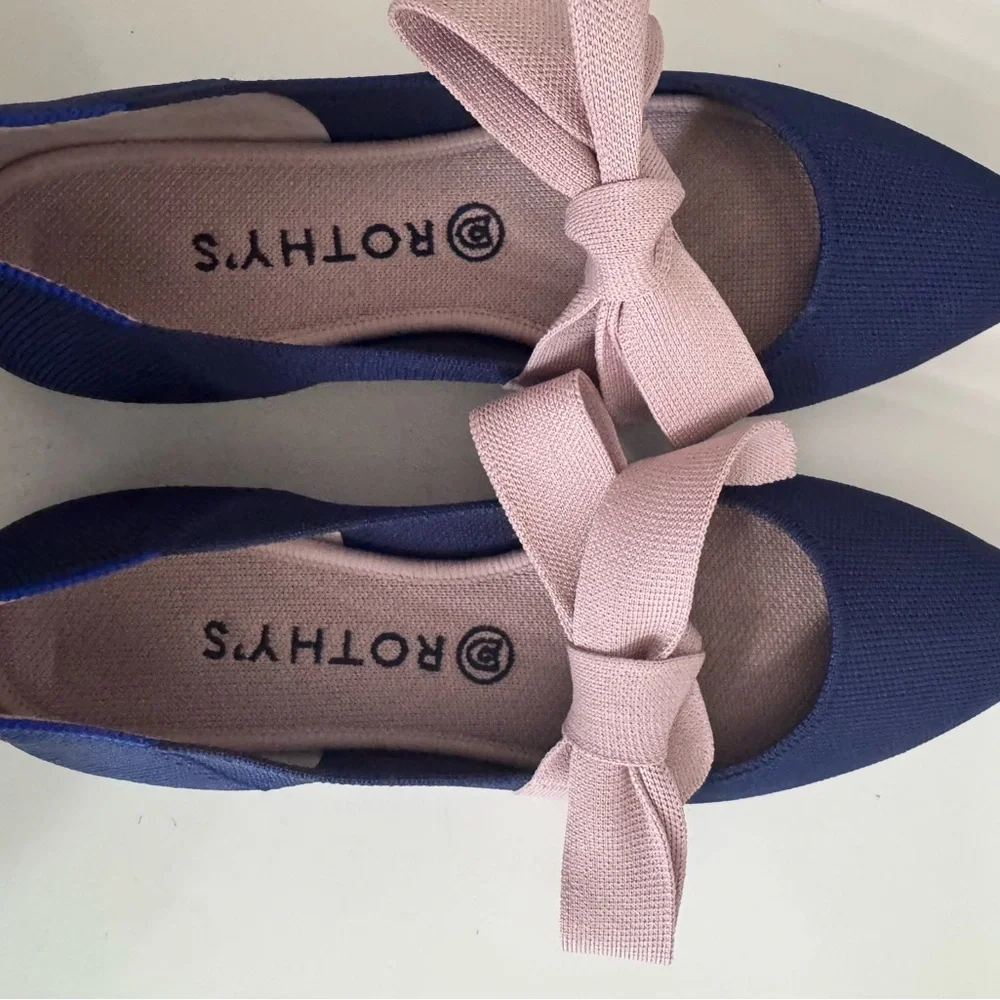 Rothy's Navy Flats with Blush Bow Accent - Picture 2 of 4